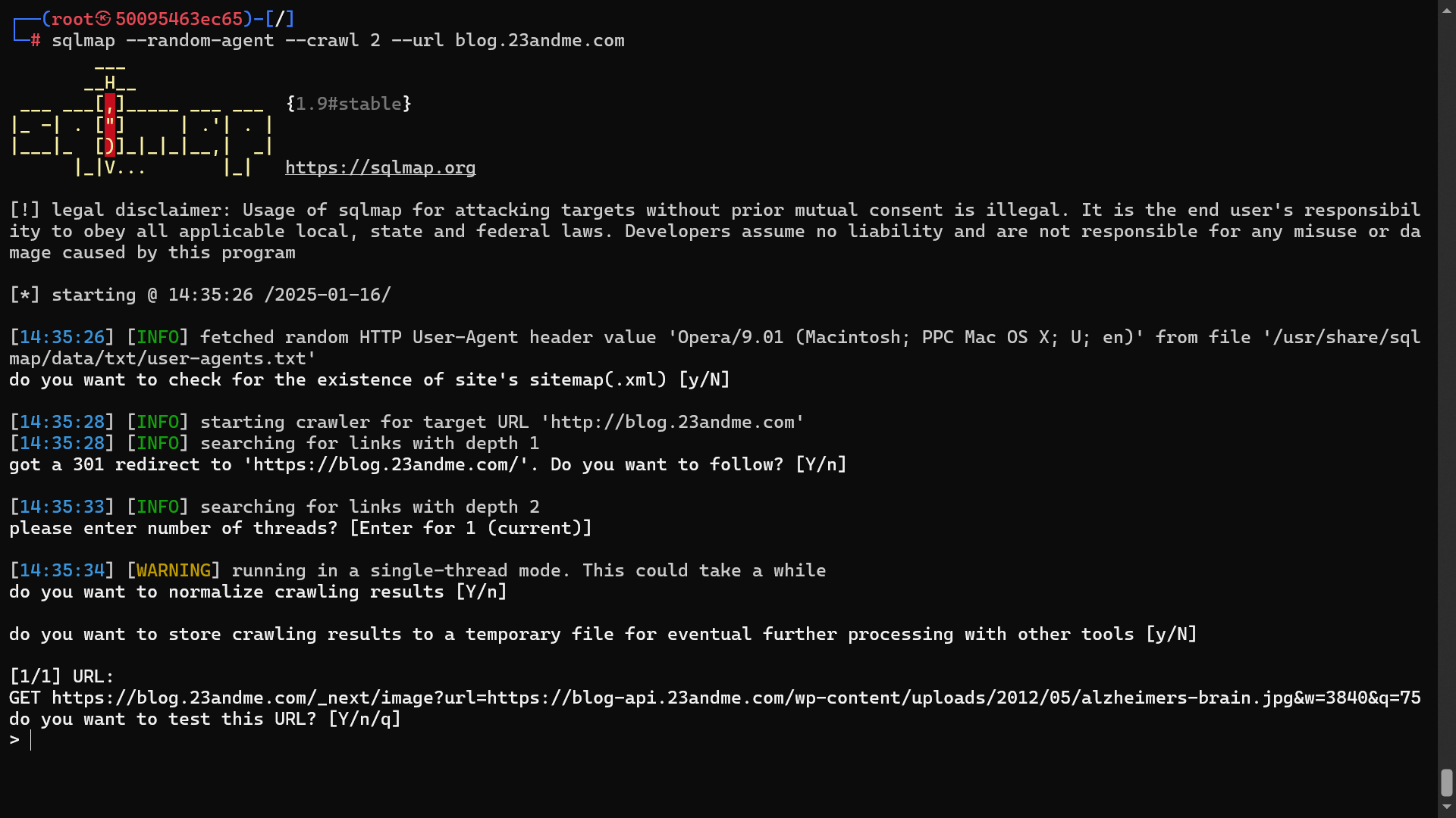 use sqlmap to crawl url target and reconnaissance potentials attack vectors